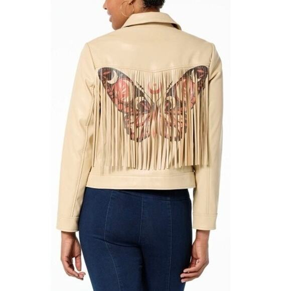 G by Giuliana Black Label Faux Leather Graphic Fringe Jacket Size XS - Picture 1 of 11